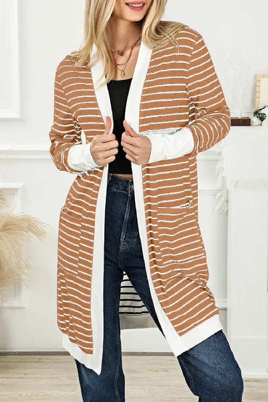 Striped Side Pockets Open Front Cardigan Satin Fabric Silk Fabric Chiffon Fabric