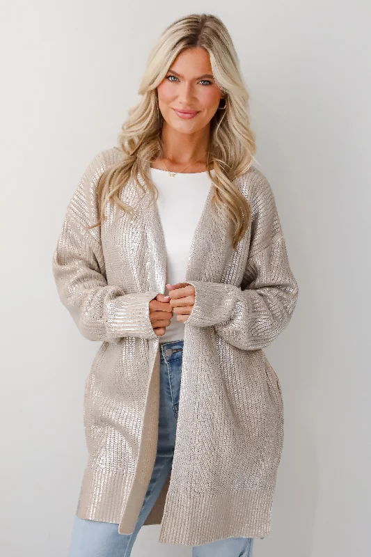FINAL SALE - Marvelous Shine Silver Metallic Sweater Cardigan Toggled Drawstring Belted