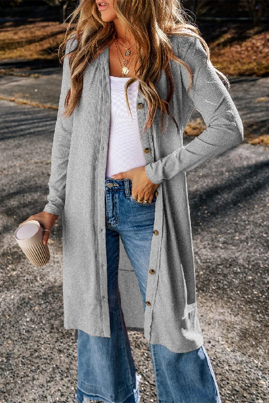 Ribbed Button-Up Split Duster Cardigan Denim Fabric Leather Fabric Suede Fabric