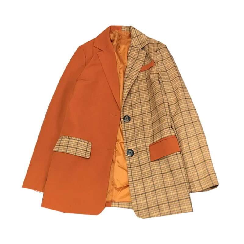 [EWQ] Spring 2022 Women'Vintage Blazer British Check Color Matching Plaid  Jacket Contrast Color Casual Small Suit Women Rayon Fabric Velvet Fabric Corduroy Fabric