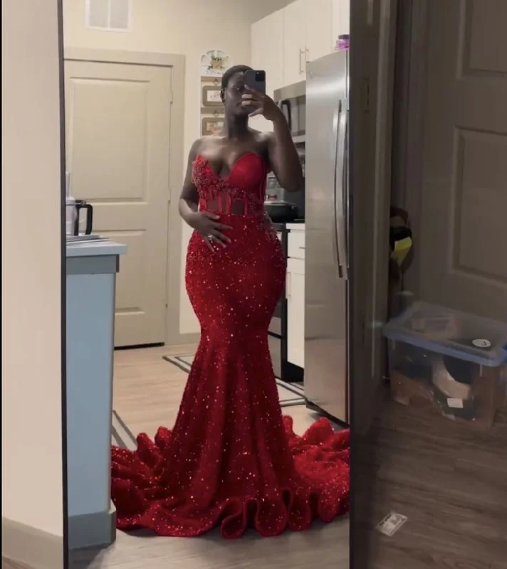 Sexy Red Sweetheart Sequins Black Girl Long Party Dress Evening Gown DP3899 Turtleneck Neckline Stylish Sexy Red Sweetheart Sequins Black Girl Long Party Dress Evening Gown DP3899 Turtleneck Neckline Stylish