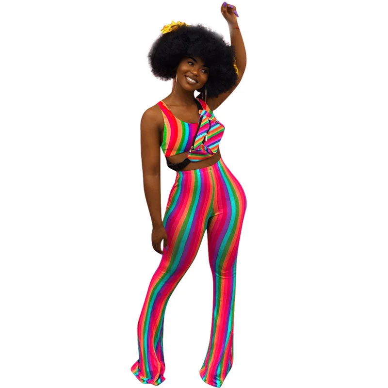 Dew Shoulder Striped Multi Two-piece Pants Set #Sleeveless #Two Piece #Striped Soft Stretch Leggings Dew Shoulder Striped Multi Two-piece Pants Set #Sleeveless #Two Piece #Striped Soft Stretch Leggings