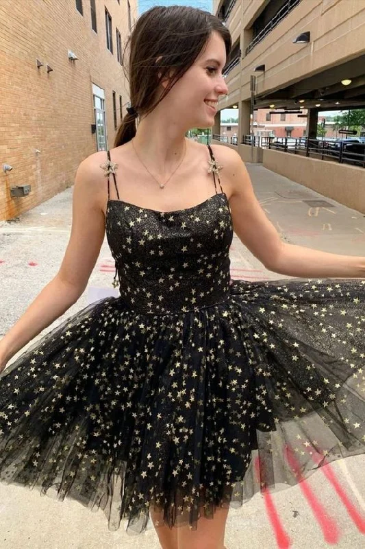 princess black A-line short party dress features with spaghetti straps and stars sparkles C373 Tunics Spring floral