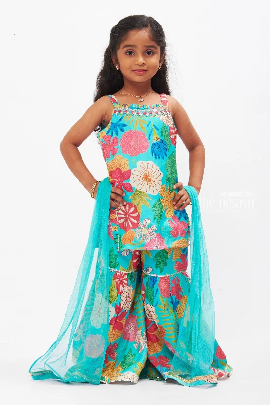 Vibrant Floral Printed Tie-Up Shoulder Kurti with Gharara Pant Set for Girls Wide-Legged Palazzos