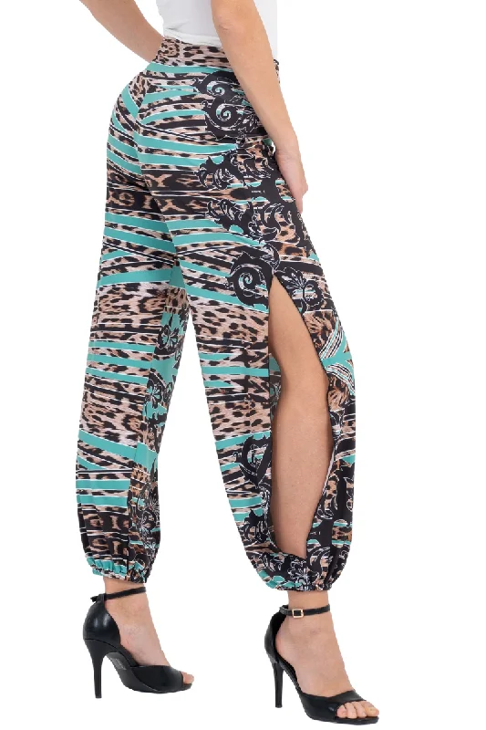 Green Abstract Animal Print Babucha Tango Pants With Slits Comfortable Cargo Pants