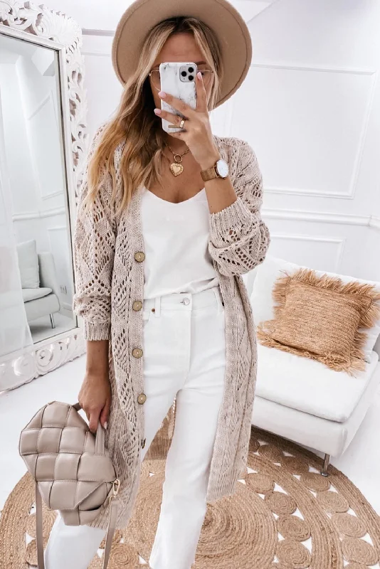 Hollow-out Openwork Knit Cardigan Welt Pockets Slit Pockets Flap Pockets