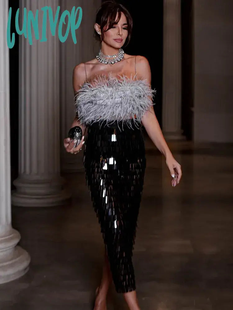 Lunivop Luxury Women Summer Sexy Strapless Backless Feather Black Mesh Sequins Bodycon Skirt Set Elegant Evening Club Party Outfits cashmere skirt plush Lunivop Luxury Women Summer Sexy Strapless Backless Feather Black Mesh Sequins Bodycon Skirt Set Elegant Evening Club Party Outfits cashmere skirt plush
