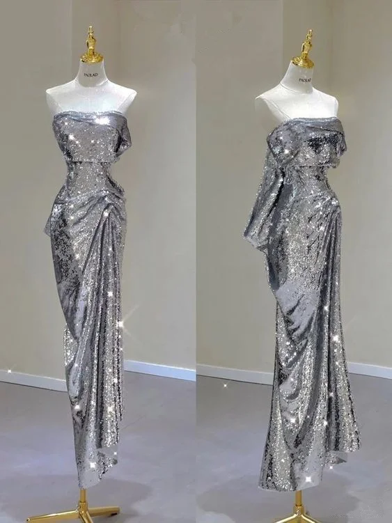 Glitter Silver Strapless Sequins Sheath Long Evening Party Dress, DP3789 Tunics Satin smooth Glitter Silver Strapless Sequins Sheath Long Evening Party Dress, DP3789 Tunics Satin smooth