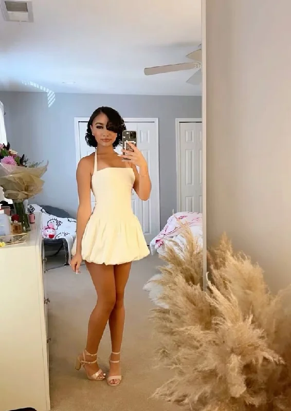 White Halter A-Line Lovely Short Party Dress Homecoming Dress, DP3647 Satin Halter Glamorous White Halter A-Line Lovely Short Party Dress Homecoming Dress, DP3647 Satin Halter Glamorous