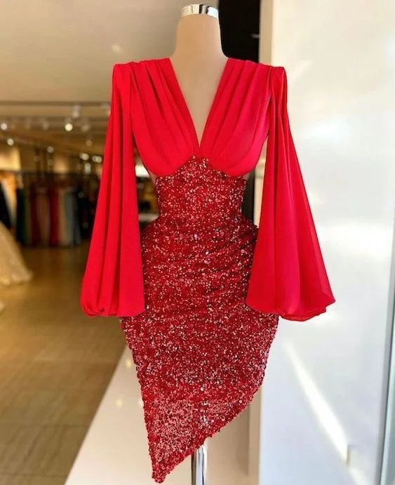 Red Short Irregular Party Dress Puffy Sleeves Homecoming Dress c2650 Tunics Travel practical Red Short Irregular Party Dress Puffy Sleeves Homecoming Dress c2650 Tunics Travel practical