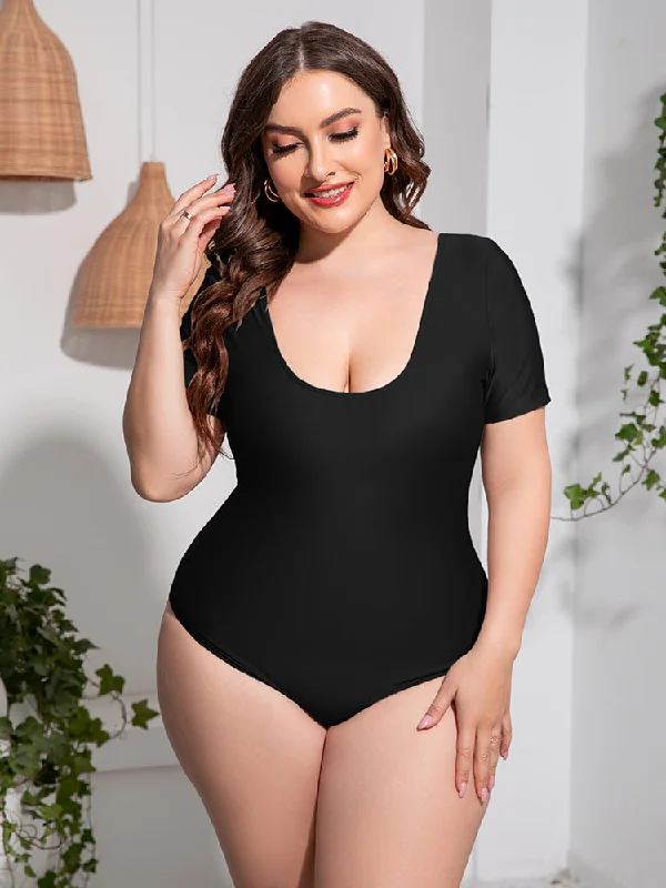 Plus Size Scoop Neck Short Sleeve One-Piece Swimsuit Sexy Cutout Swimsuit