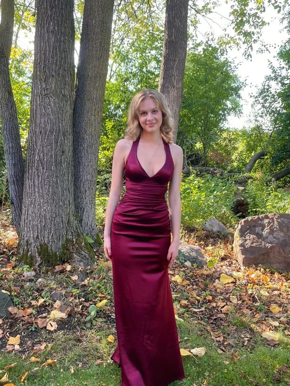 Burgundy V Neck Halter Sheath Satin Long Formal Party Dress, DP3785 Tunics Trousers formal Burgundy V Neck Halter Sheath Satin Long Formal Party Dress, DP3785 Tunics Trousers formal