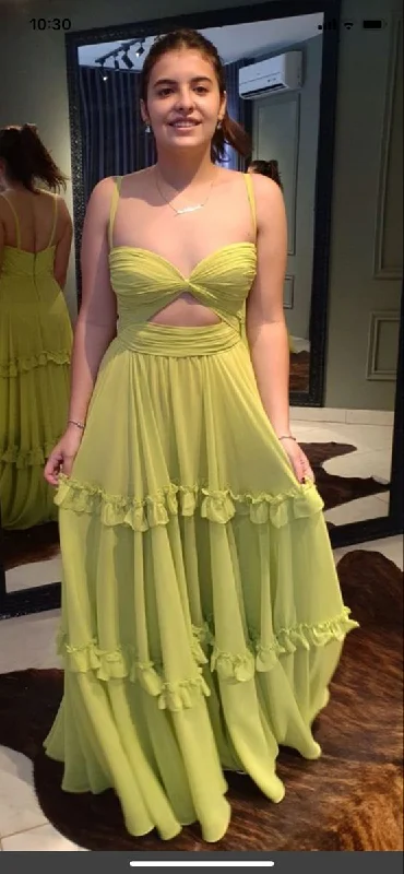 Green Spaghetti Straps A-Line Ruffles Long Formal Party Dress DP3971 Tunics Bridal satin
