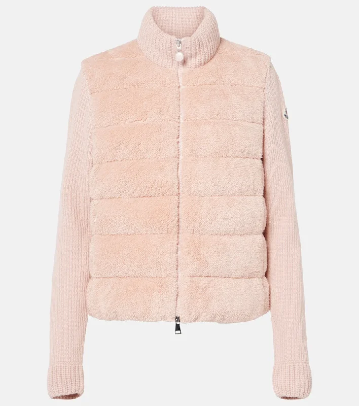 Moncler Down-paneled faux fur and wool cardigan Chenille Brocade Lace