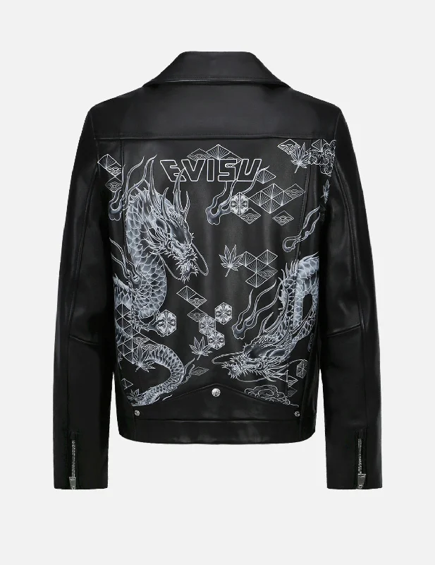 Dragon Print Leather Biker Jacket Hooded Jacket Caped Jacket Shawl Collar Jacket