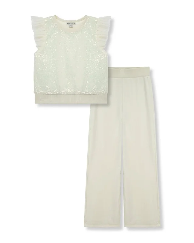 Habitual Sequin Mesh Pant Set Trendy Wide-Legged Trousers