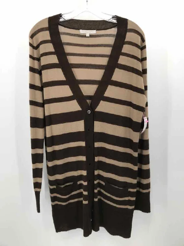 Pre-Owned Adrienne Vittadini Brown Size Large Stripe Cardigan Sweater Collared Crew Neck Turtle Neck