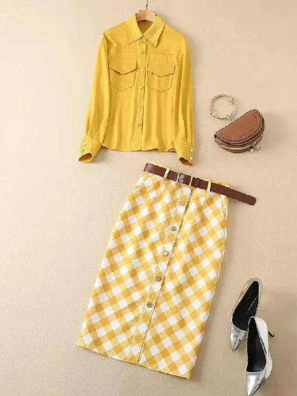 Plaid Skirt Outfit Set - Yellow lace skirt feminine