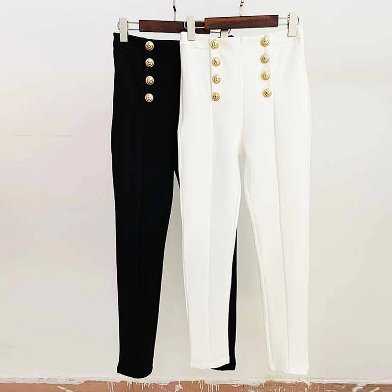 Elastic White Skinny Formal Pants Gold-tone Buttons Pencil Pants Black Comfy High-Waist Jeans