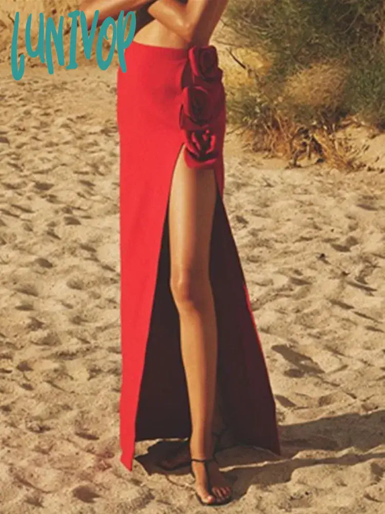 Lunivop Summer New Women Black Red Flower Bodycon Bandage Skirt 2024 Designer High Waist Party Office Lady Elegant Split Skirt velvet skirt rich