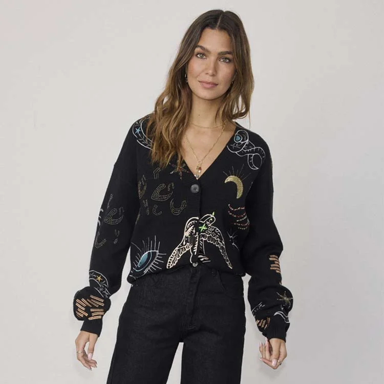 Black Enchanted Knit Cardigan Welt Pockets Slit Pockets Flap Pockets