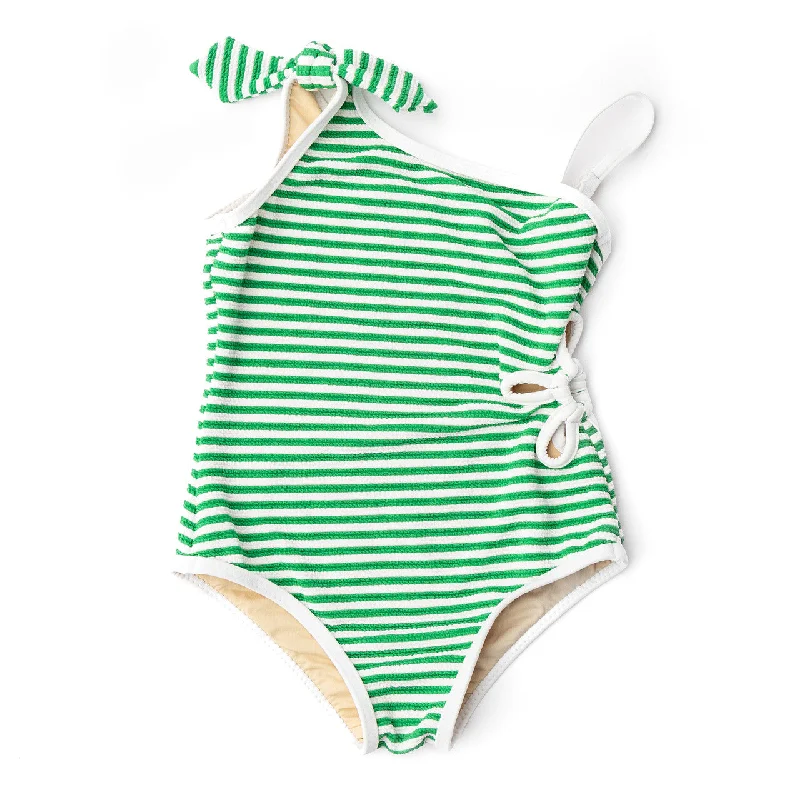 Green Stripe Girls Ribbed Daisy Cut Out One Piece Swimsuit Sporty Swim Shorts