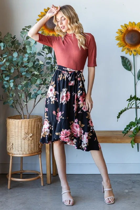 Floral Wrap Ruffle Hem Skirt linen skirt breathable