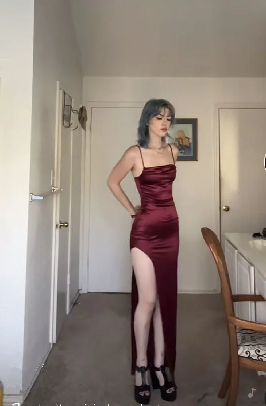 Wine Red Spaghetti Straps Sheath Satin Long Evening Party Dress, DP3999 Crew Neckline Sporty Wine Red Spaghetti Straps Sheath Satin Long Evening Party Dress, DP3999 Crew Neckline Sporty
