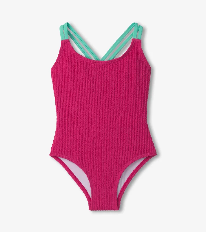 Fuchsia Purple Cross Strap Swimsuit Vintage Swimwear Look