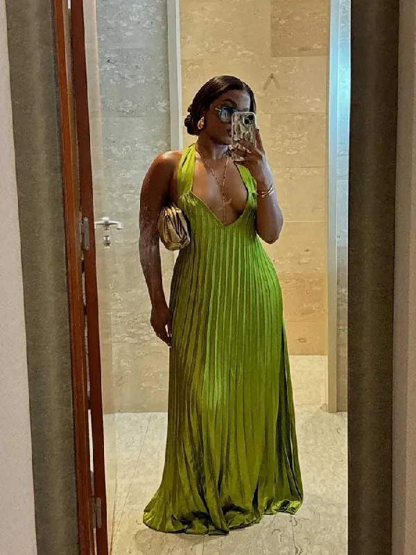 Green Halter Satin Backless Long Party Dress Pleated Fashion Dress, DP3588 Tunics Modern contemporary