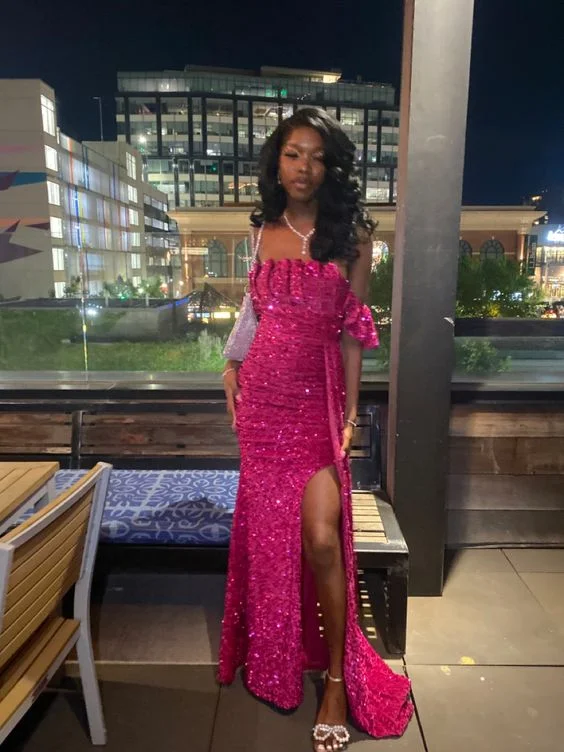 Hot Pink Sequins Long Party Dress Evening Gown with Split, DP3807 High-Low Hemline Casual Hot Pink Sequins Long Party Dress Evening Gown with Split, DP3807 High-Low Hemline Casual