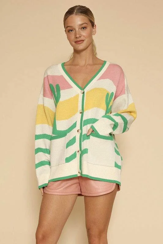 Wavy stripe cactus knit cardigan Mesh Cardigan Canvas Denim