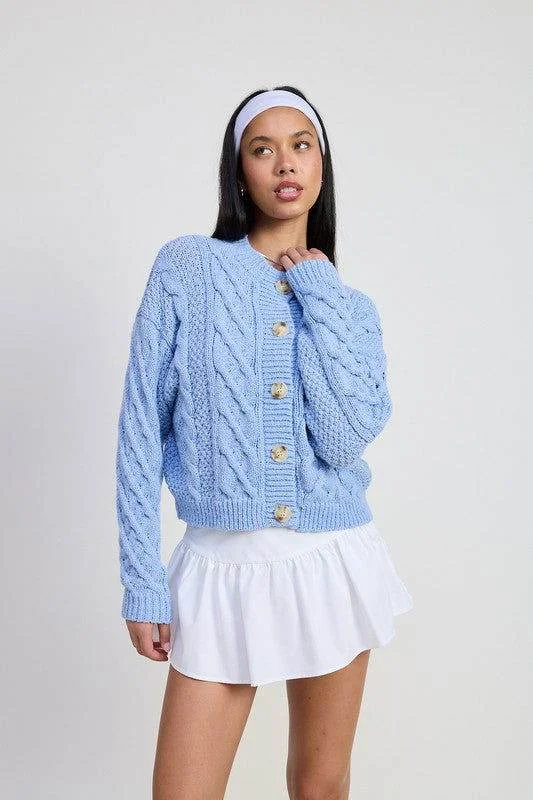 Chunky Cable Knit Cardigan Solid Color Striped Floral Print