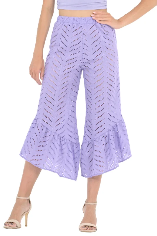 Lavender Eyelet Embroidery Capri Pants Stylish Elastic Waist Pants