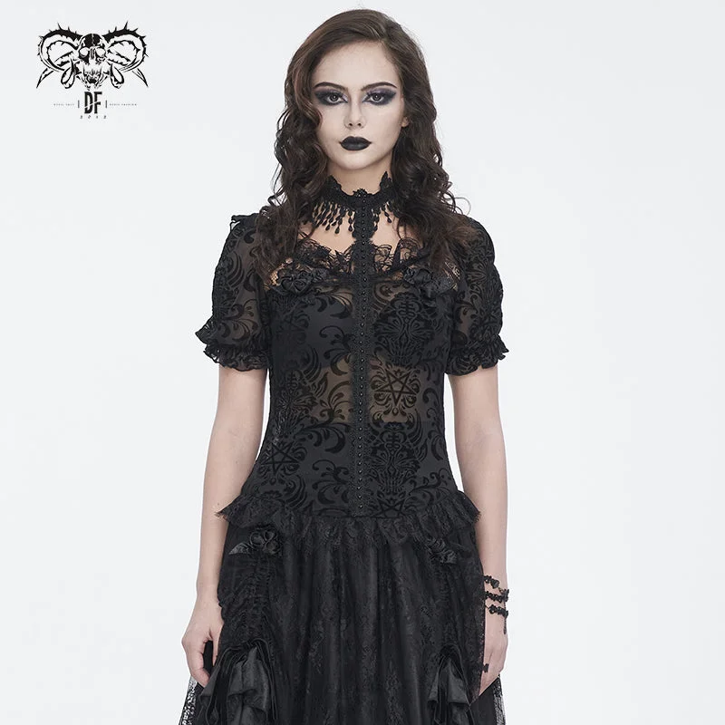 TT268 Gothic pentagram flocked mesh with lace halterneck women's short T-shirt-- Asymmetrical Pockets Print TT268 Gothic pentagram flocked mesh with lace halterneck women's short T-shirt-- Asymmetrical Pockets Print