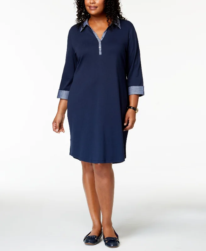 Karen Scott Plus Size 3/4 Sleeve Contrast Shirtdress-- Zippered Front Buttoned Front Snap Front Karen Scott Plus Size 3/4 Sleeve Contrast Shirtdress-- Zippered Front Buttoned Front Snap Front