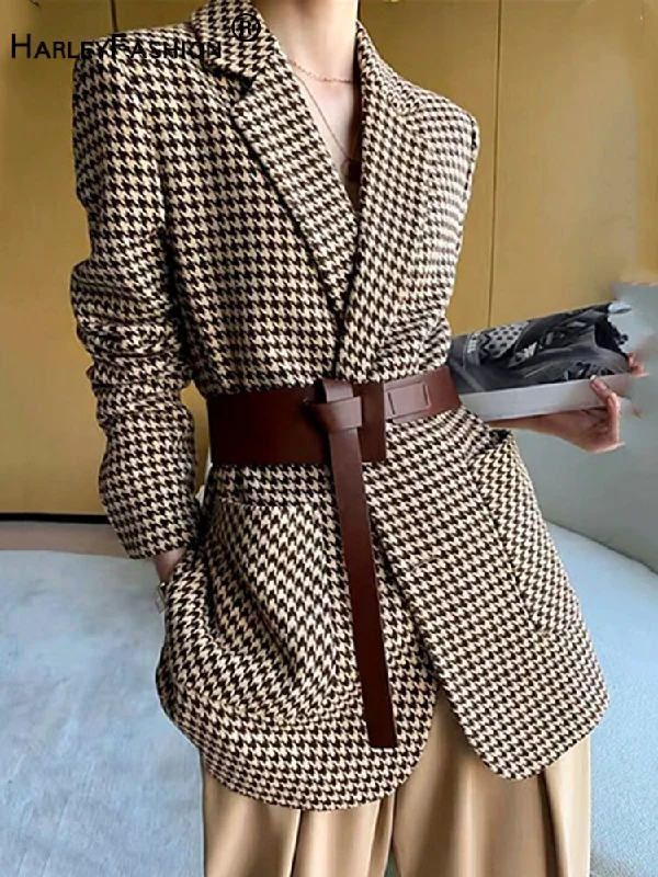 HARLEYFASHIION Casual Temperament Light Ripe Wind Plaid Suit Jacket Women Notched Single Breasted With Sashes Fshion Blazer Stand-Up Collar Roll-Neck Collar Turtle Neck HARLEYFASHIION Casual Temperament Light Ripe Wind Plaid Suit Jacket Women Notched Single Breasted With Sashes Fshion Blazer Stand-Up Collar Roll-Neck Collar Turtle Neck