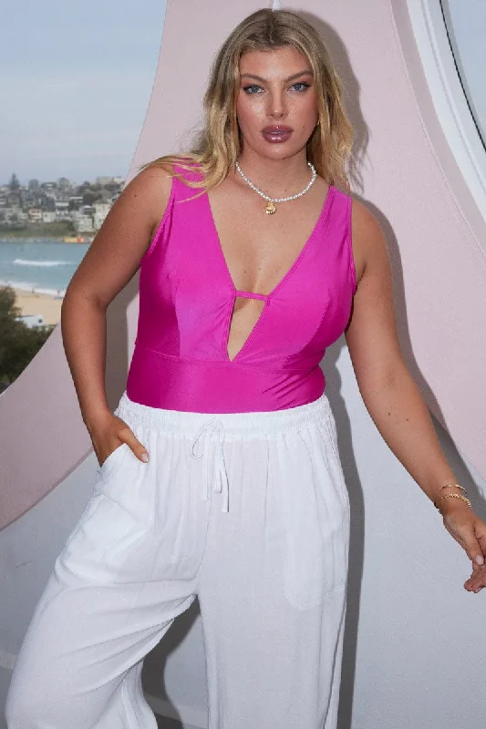Pink V Neck One Piece Swimsuit Soft Beachwear Set