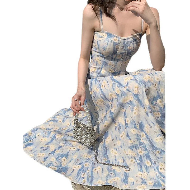2023 Retro French Style White Blue Floral Print Sling Dress Women Corset Style Midi Robe Elegant Ladies Clothes Summer Cardigan Nylon Fabric Polyester Fabric Spandex Fabric 2023 Retro French Style White Blue Floral Print Sling Dress Women Corset Style Midi Robe Elegant Ladies Clothes Summer Cardigan Nylon Fabric Polyester Fabric Spandex Fabric
