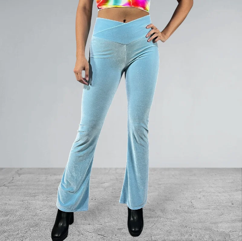 Crossover V-Waist Bootcut Flare Pants - Light Blue Velvet Comfortable Maternity Pants Crossover V-Waist Bootcut Flare Pants - Light Blue Velvet Comfortable Maternity Pants