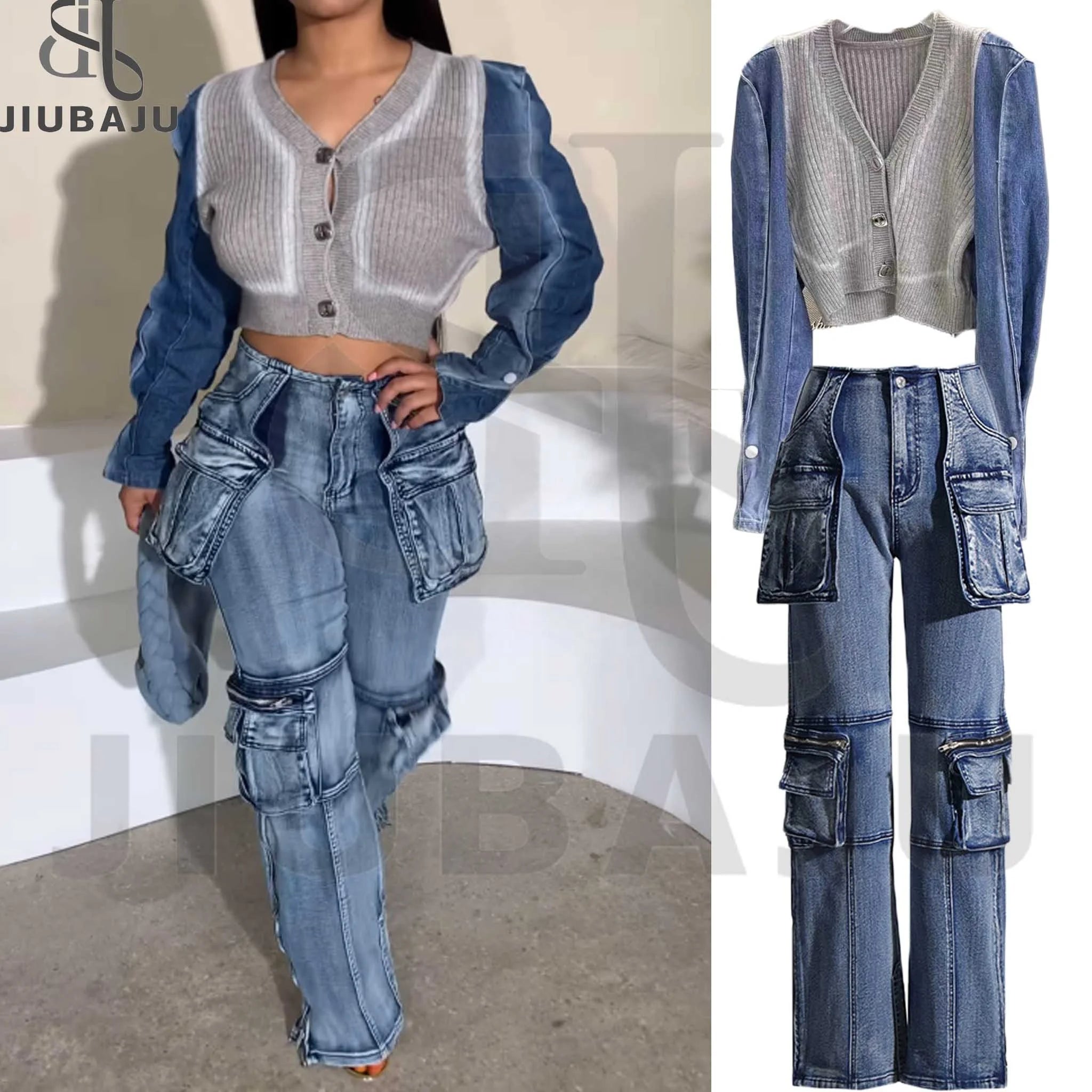 Denim Fusion 2-Piece Set Stylish Cargo Jeans & Contrast Knit Cardigan Satin Fabric Silk Fabric Chiffon Fabric Denim Fusion 2-Piece Set Stylish Cargo Jeans & Contrast Knit Cardigan Satin Fabric Silk Fabric Chiffon Fabric